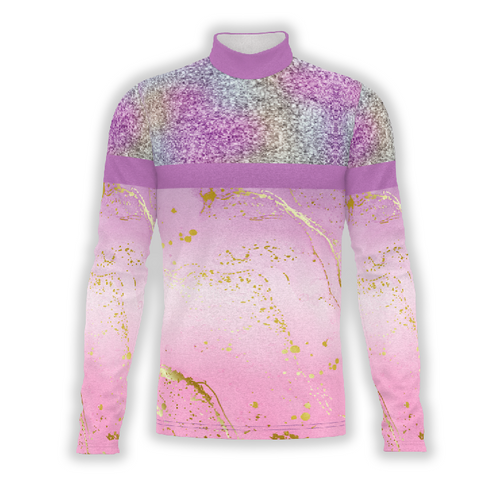 A digital print of a long-sleeved Flow Flex Top G232 with a high neck, featuring a pink to purple gradient with gold speckles.