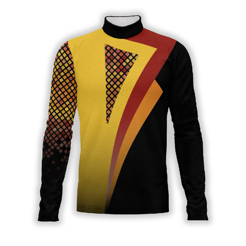 A digital print of a Flow Flex Top G233 featuring geometric patterns in yellow, red, black, and gray colors on a fabric mannequin.