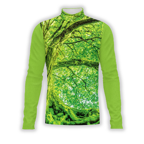 A digital print of a green leaves pattern on a long-sleeved turtleneck top.