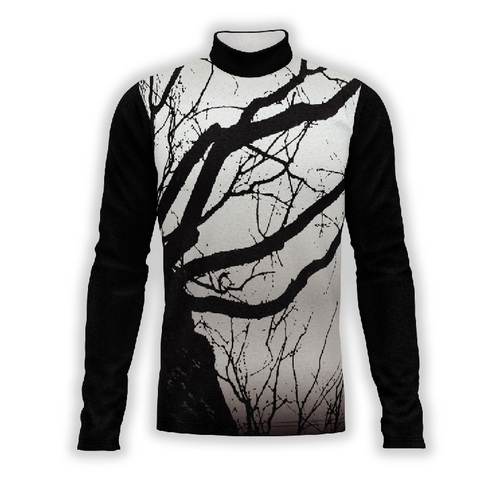 A digital print show top with a turtle neck, featuring a black and white tree branch pattern.