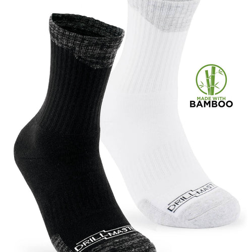 Drillmaster Formation marching socks in black and white, made with breathable bamboo fabric, featuring cushioned heel and toe support, ribbed crew-length design, moisture-wicking comfort, and durability for marching band, drum corps, drill team rehearsals, and long performance days.