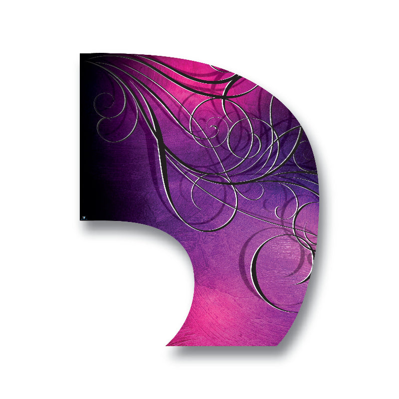 A decorative flag featuring a geometric pattern with a combination of purple, pink, silver, and gold colors on a dark background.