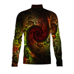 Flow Flex Top FG036 performance uniform with abstract spiral pattern in red, green, and gold, front view