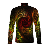 Flow Flex Top FG036 performance uniform with abstract spiral pattern in red, green, and gold, front view