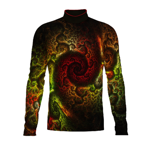 Flow Flex Top FG036 performance uniform with abstract spiral pattern in red, green, and gold, front view