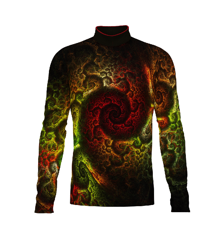Flow Flex Top FG036 performance uniform with abstract spiral pattern in red, green, and gold, front view