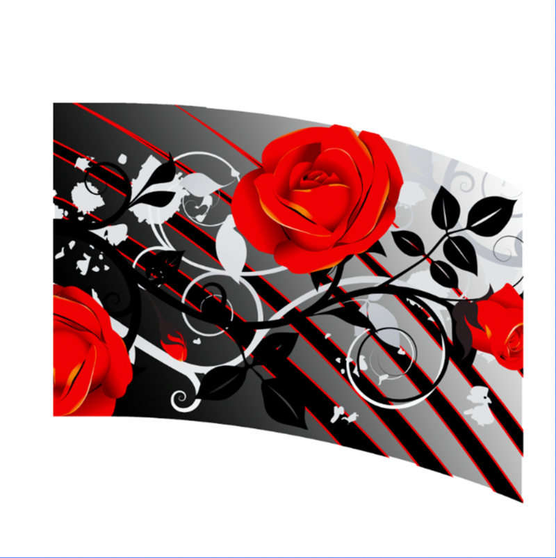 Decorative design with red roses, black and white floral elements on a curved background