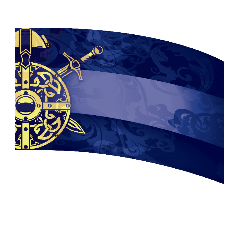 Decorative blue banner with gold emblem on a white background