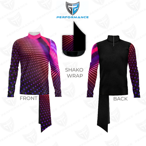Marching Band Flow Flex Performance Top G001 showing front and back views with matching shako wrap, featuring a pink and purple gradient dot design for high-performance marching band uniforms.