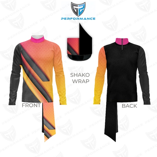 Marching Band Flow Flex Performance Top G010 front and back view with matching shako wrap, featuring a bold diagonal geometric design in pink, orange, yellow, and black, mock neck collar, long sleeves, and stretch performance fabric for marching band uniforms.