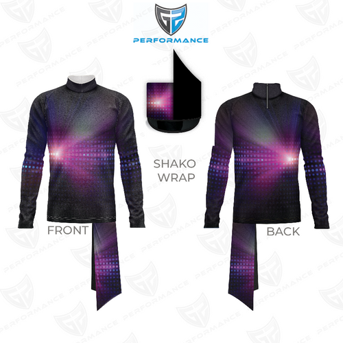 Marching Band Flow Flex Performance Top G011 front and back view with illuminated dot gradient design and matching shako wrap, engineered for high-performance marching band uniforms.