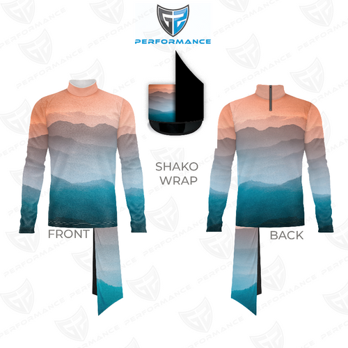 Marching Band Flow Flex Performance Top G012 showing front and back views with a layered mountain-inspired gradient in peach, grey, and teal, featuring a high-neck long-sleeve design and matching shako wrap for coordinated marching band uniforms.