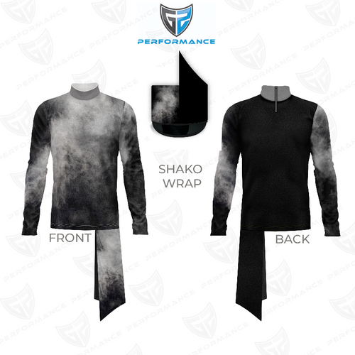 Marching Band Flow Flex Performance Top G013 shown in front and back views with smoky black gradient design, long sleeves, mock neck, and matching shako wrap for marching band uniforms.