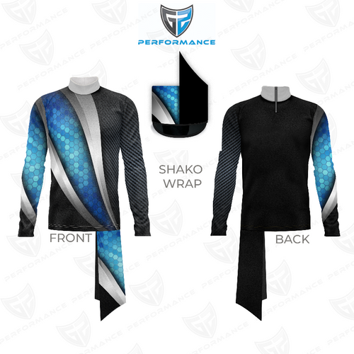 Marching Band Flow Flex Performance Top G014 shown in front and back views with blue hexagon graphics, black textured panels, silver diagonal accents, long sleeves, and matching shako wrap for modern high-performance marching band uniforms.