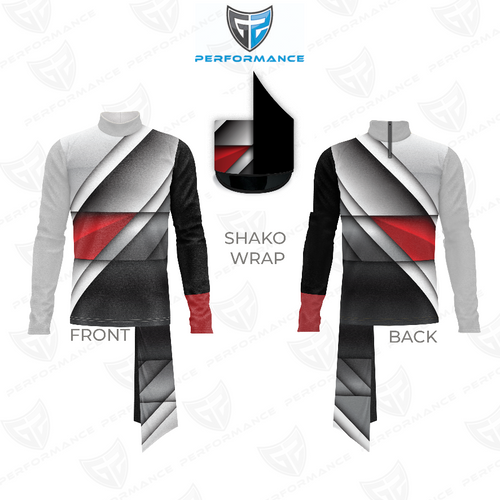 Marching Band Flow Flex Performance Top G015 shown in front and back views with matching shako wrap, featuring a bold diagonal grey, black, and red panel design and high-performance mock neck for marching band uniforms.