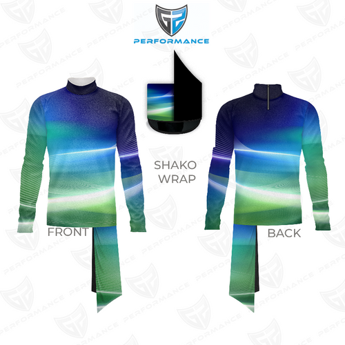 Marching Band Flow Flex Performance Top G016 shown in front and back views, featuring a blue and green gradient design with dynamic light wave graphics, long sleeves, high collar, and matching shako wrap for modern marching band uniforms.
