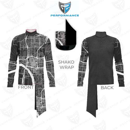 Marching Band Flow Flex Performance Top G017 shown in front and back views with black fabric, white map-inspired graphic pattern, and matching shako wrap for modern marching band uniforms.