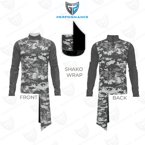 Marching Band Flow Flex Performance Top G019 showing front and back views with gray digital camo pattern, long sleeves, shako wrap detail, and flexible performance fit for marching band uniforms.