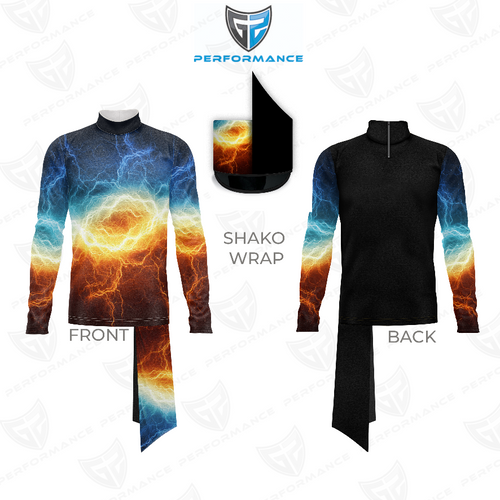 Marching Band Flow Flex Performance Top G002 shown in front and back views with matching shako wrap, featuring a high-neck, long-sleeve design and an electrifying lightning pattern in blue, yellow, and orange, engineered for flexibility, durability, and elite marching band performance.