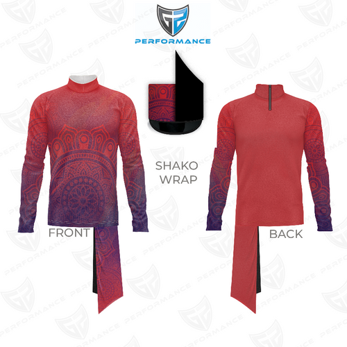 Front and back views of the Marching Band Flow Flex Performance Top G020 with matching shako wrap, featuring a red-to-purple gradient mandala design, long sleeves, mock neck, and flexible performance fabric for marching band uniforms.