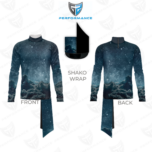Marching Band Flow Flex Performance Top G021 shown in front and back views with matching shako wrap, featuring a galaxy night-sky and cloud print, long-sleeve mock neck design, and flexible, breathable construction for high-performance marching band uniforms.