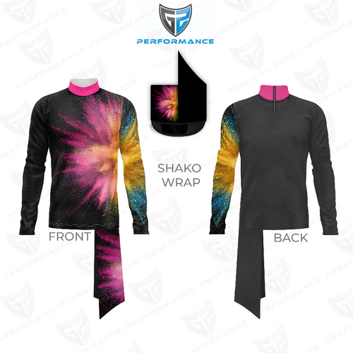 Marching Band Flow Flex Performance Top G022 front and back view with bold multicolor burst design, long sleeve mock neck marching band uniform top.