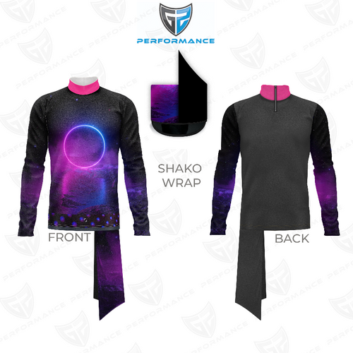 Marching Band Flow Flex Performance Top G023 showing front and back views, featuring a long sleeve athletic silhouette with a high mock neck, galaxy-inspired purple, blue, and pink sublimation print on the front and sleeves, solid black back panel, and matching shako wrap, designed for marching band uniforms and high-performance movement.