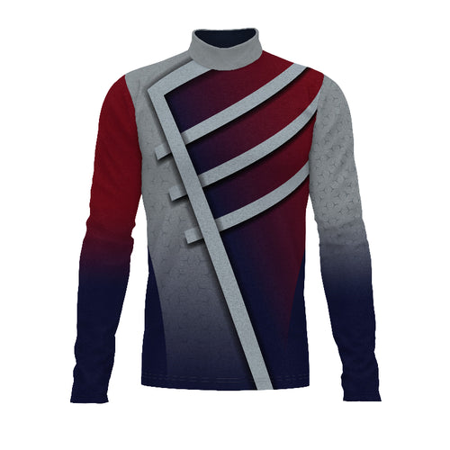 A digital print show top for band members featuring a geometric pattern with red, gray, and navy colors.
