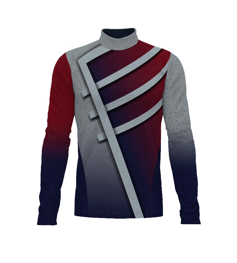 A digital print show top for band members featuring a geometric pattern with red, gray, and navy colors.