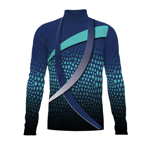 A digital print of a blue and black Flow Flex Top G237 with a geometric pattern and a shako wrap design on the front.