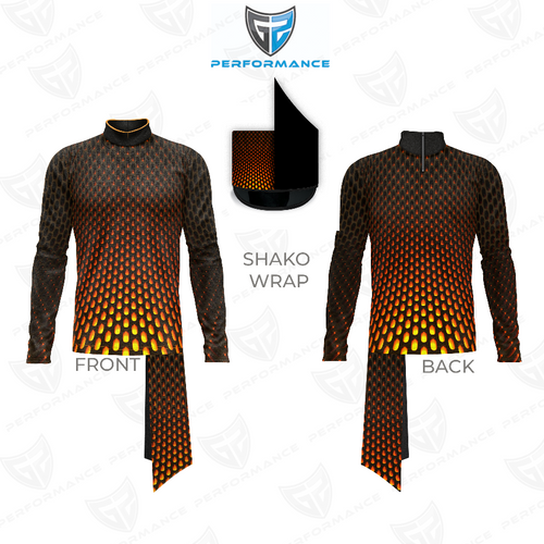 Marching Band Flow Flex Performance Top G024 showing front and back views, featuring a long sleeve performance silhouette with a high mock neck, flame-inspired black, orange, and yellow sublimation pattern across the body and sleeves, paired with a matching shako wrap, designed for marching band uniforms and high-energy field performances.
