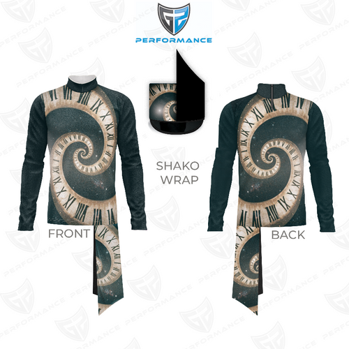 Marching Band Flow Flex Performance Top G025 showing front and back views, featuring a long sleeve performance design with a high mock neck, spiral clock-inspired sublimation graphic with Roman numerals in muted beige and dark grey tones, paired with a matching shako wrap, engineered for marching band uniforms and dynamic field performances.