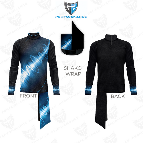 Marching Band Flow Flex Performance Top G026 showing front and back views, featuring a long sleeve performance silhouette with a high mock neck, electric blue waveform-inspired sublimation graphic on the front and cuffs, solid black back panel, and a matching shako wrap, designed for marching band uniforms and dynamic field performances.