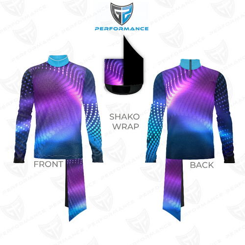 Front and back view of Marching Band Flow Flex Performance Top G027 with matching shako wrap, featuring a purple-to-blue gradient sublimation design with dynamic dot and wave patterns, long sleeves, mock neck collar, and a streamlined performance fit designed for marching band uniforms.