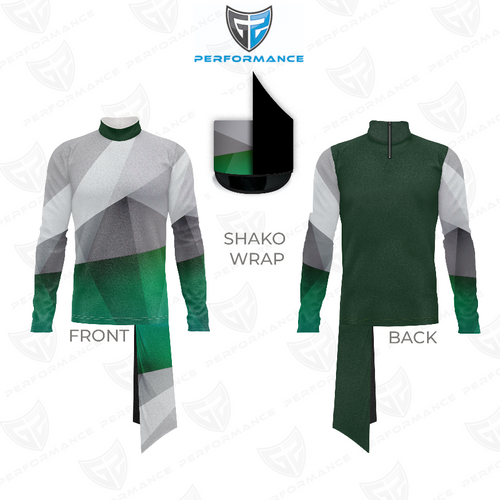 Front and back view of Marching Band Flow Flex Performance Top G028 with coordinating shako wrap, featuring a modern geometric design in grey and green tones, long sleeves, mock neck collar, and a streamlined athletic fit engineered for marching band performance uniforms.