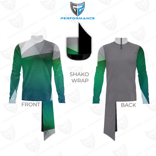 Marching Band Flow Flex Performance Top G029 shown in front and back views with matching shako wrap, featuring a long sleeve mock neck marching band uniform in green, grey, and white geometric color-block design, engineered for flexibility, breathability, and a clean, professional on-field appearance.