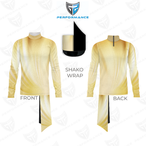 Marching Band Flow Flex Performance Top G003 shown in front and back views with matching shako wrap, featuring a yellow gradient design, high mock neck, long sleeves, and flexible performance fabric for marching band uniforms.