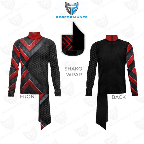 Marching Band Flow Flex Performance Top G030 front and back view featuring a high-neck, long-sleeve performance uniform with bold red and black chevron graphics, textured honeycomb fabric panels, athletic stretch construction, and coordinating shako wrap designed for marching band performance and mobility.