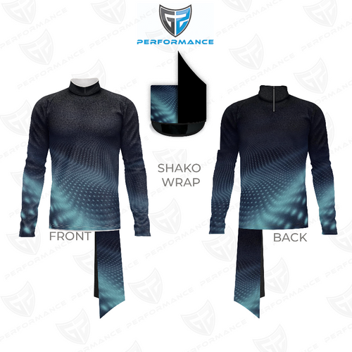Marching Band Flow Flex Performance Top G076 with matching shako wrap, shown in front and back views, featuring a high-neck long-sleeve design with dark blue to teal gradient texture, engineered for flexibility, comfort, and professional marching band performance uniforms.