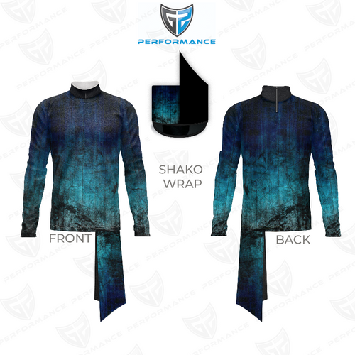 Marching Band Flow Flex Performance Top G077 shown in front and back views with matching shako wrap, featuring a blue-to-teal textured gradient design, high collar, long sleeves, and flexible performance fabric engineered for marching band uniforms and field performance.
