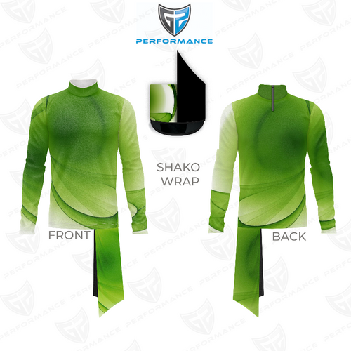 Marching Band Flow Flex Performance Top G078 shown in front and back views with matching green shako wrap, featuring a mock neck, long sleeves, stretch performance fabric, and aerodynamic design for precision marching band uniforms.