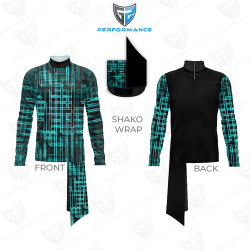 Marching Band Flow Flex Performance Top G079 shown in front and back views with matching shako wrap, featuring a teal digital grid pattern on black fabric, high-neck long-sleeve design, and flexible construction for marching band and color guard performance uniforms.