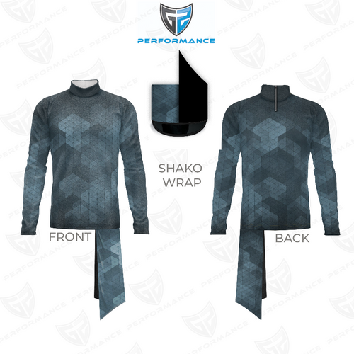 Marching Band Flow Flex Performance Top G080 showing front and back views with matching shako wrap, featuring a long-sleeve high-collar design in a grey geometric pattern, built for flexibility, comfort, and precision marching band performance.
