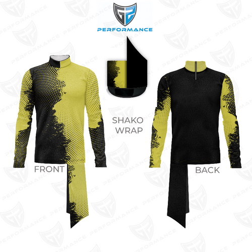 Marching Band Flow Flex Performance Top G081 shown in front and back views with matching shako wrap, featuring a bold yellow and black halftone geometric design, long sleeves, mock neck collar, and performance stretch fabric designed for marching band uniforms, visual impact, and unrestricted movement.