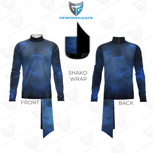 Marching Band Flow Flex Performance Top G082 showing front and back views with shako wrap, long-sleeve high-neck performance uniform for marching band