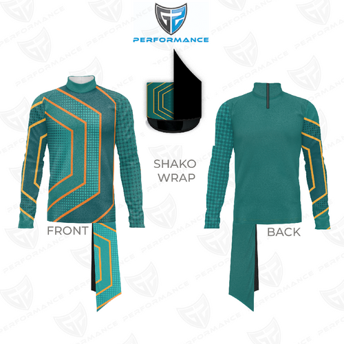 Marching Band Flow Flex Performance Top G083 showing front and back views with shako wrap, teal long-sleeve high-neck performance uniform