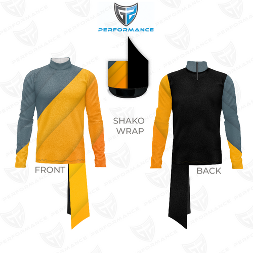 Marching Band Flow Flex Performance Top G084 showing front and back views with shako wrap, gray and gold long-sleeve high-neck uniform