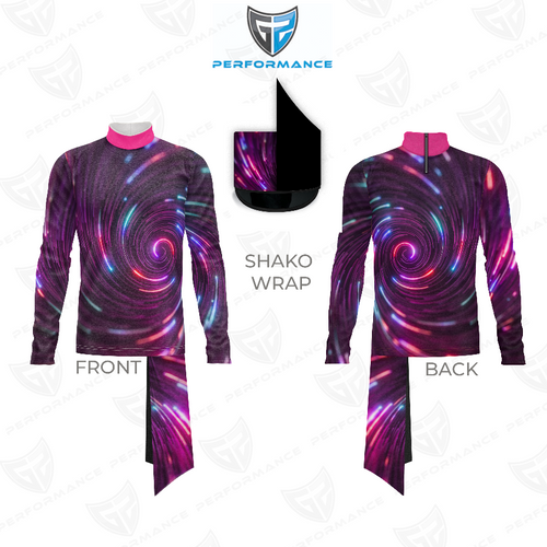 Marching Band Flow Flex Performance Top G004 shown in front and back views with matching shako wrap, featuring a bold purple and pink spiral graphic design and high-performance stretch fabric.
