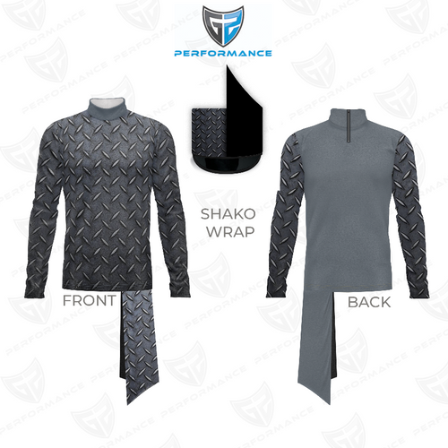 Marching Band Flow Flex Performance Top G085 showing front and back views with shako wrap, dark gray long-sleeve high-neck uniform