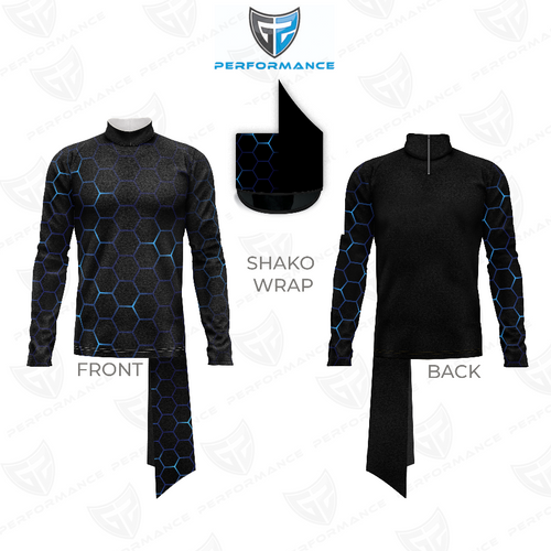 Marching Band Flow Flex Performance Top G005 shown in front and back views with blue hex pattern sleeves, black body, stretch performance fabric, and matching shako wrap.